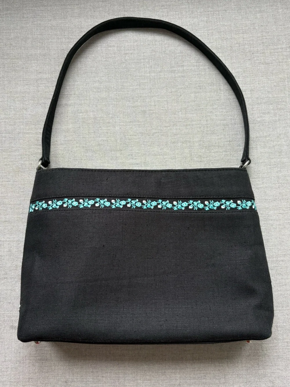 Vintage Kate Spade NY Black Canvas Shoulder Bag Floral Embroidered Trim Y2K